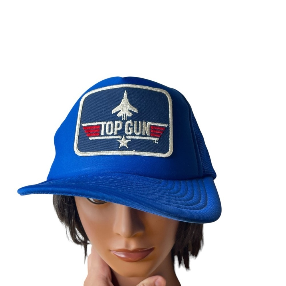 Vintage 1986 TOP GUN Snapback Trucker Hat Cap Blue Mesh Navy 1985 USA Maverick